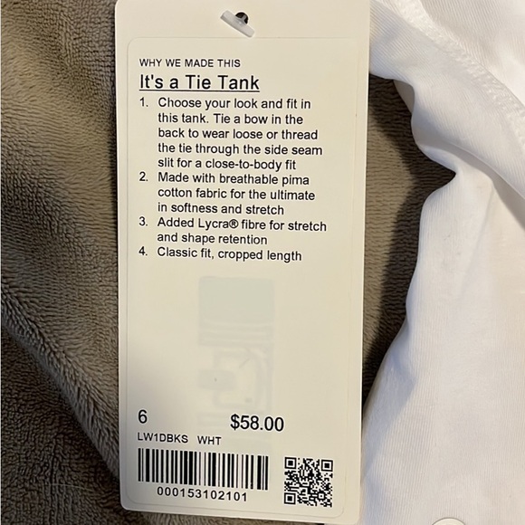 Lululemon it’s a tie tank white size 6 NWT - Picture 3 of 3